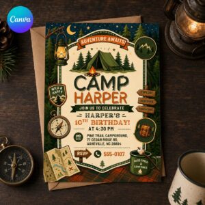 Camping 10th Birthday Invitation, Adventure Awaits Campout Boy Party, Editable Printable Canva Template