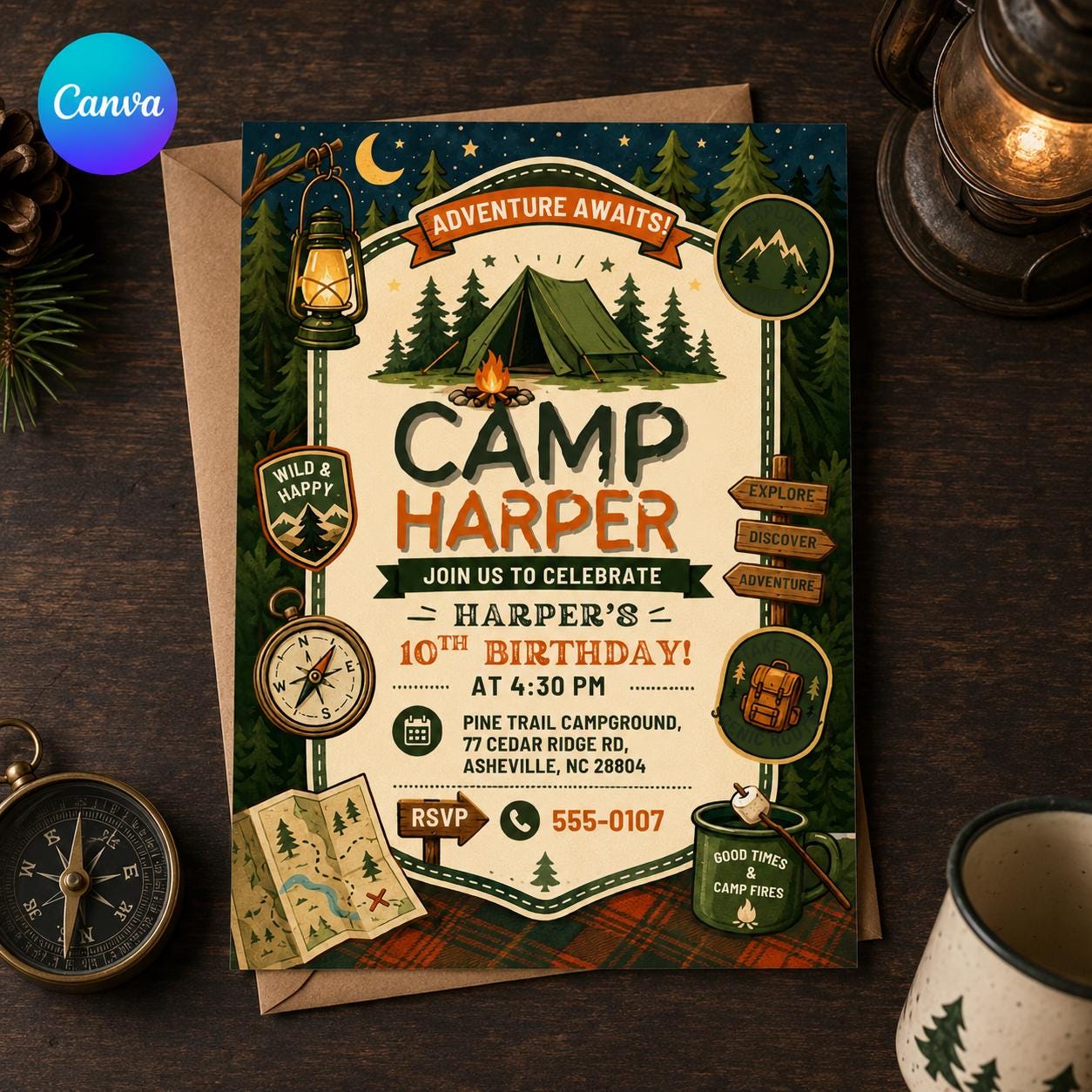 Camping 10th Birthday Invitation, Adventure Awaits Campout Boy Party, Editable Printable Canva Template
