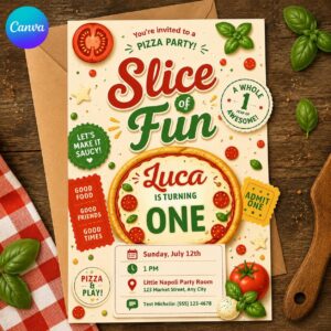 Pizza First Birthday Invitation, Slice of Fun Turning One Italian Party, Editable Printable Canva Template