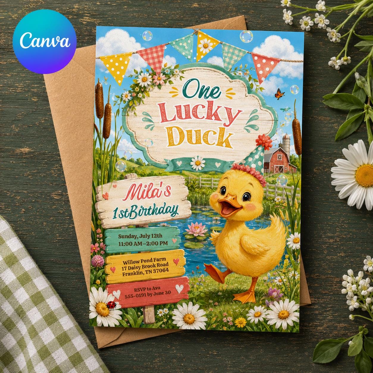 One Lucky Duck First Birthday Invitation, Farm Pond Duckling Party for Girls, Editable Printable Canva Template