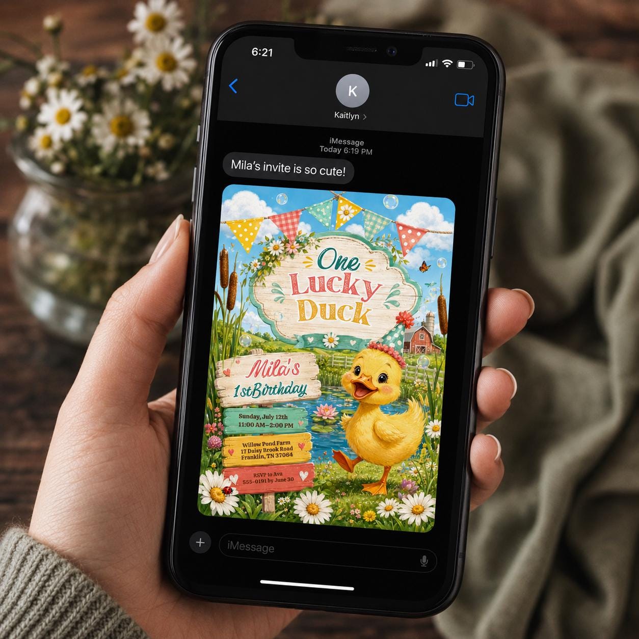 One Lucky Duck First Birthday Invitation, Farm Pond Duckling Party for Girls, Editable Printable Canva Template - Image 3