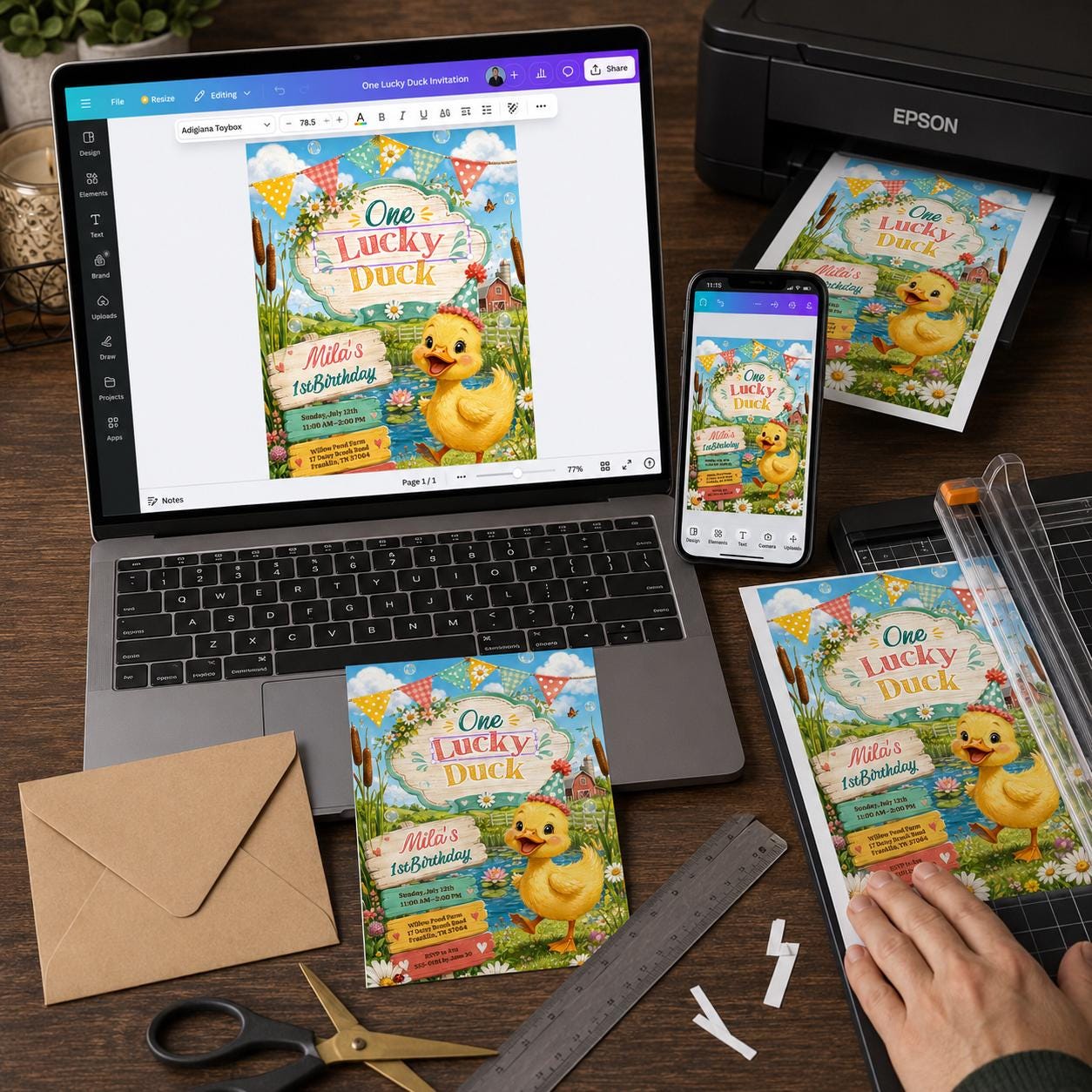 One Lucky Duck First Birthday Invitation, Farm Pond Duckling Party for Girls, Editable Printable Canva Template - Image 5