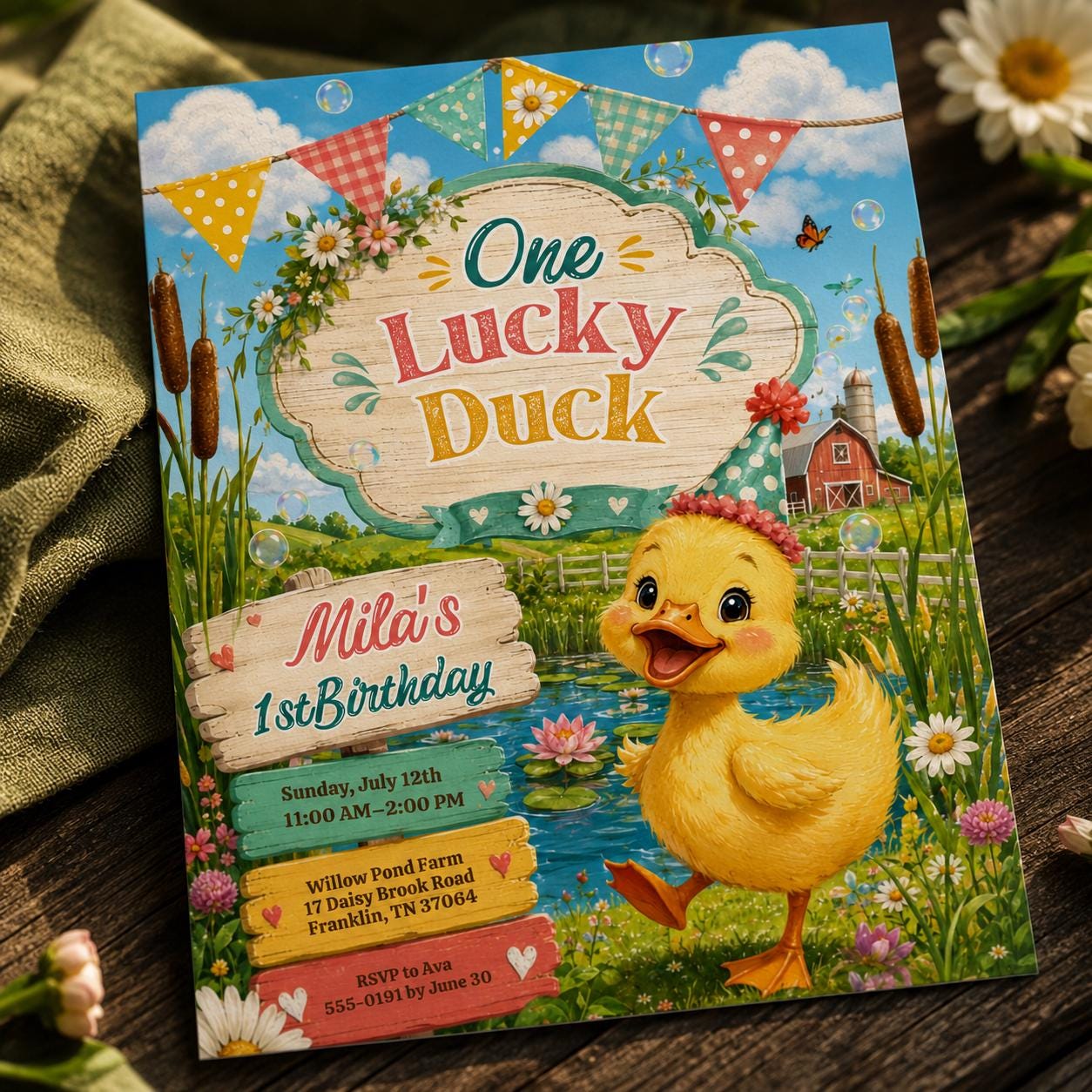 One Lucky Duck First Birthday Invitation, Farm Pond Duckling Party for Girls, Editable Printable Canva Template - Image 6