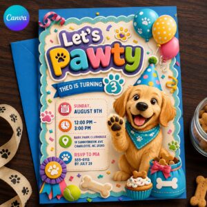 Puppy 3rd Birthday Invitation, Let's Pawty Golden Retriever Dog Party for Kids, Editable Printable Canva Template