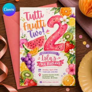 Two-tti Frutti 2nd Birthday Invitation, Colorful Watercolor Fruit Party for Girl, Editable Printable Canva Template
