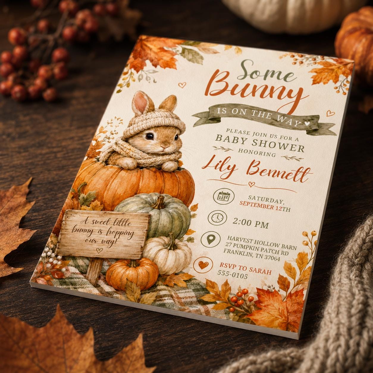 Some Bunny Is on the Way Baby Shower Invitation, Fall Pumpkin Rabbit Invite, Autumn Gender Neutral Editable Canva Template - Image 6