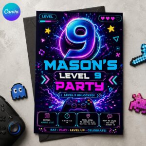 Video Game 9th Birthday Invitation, Level 9 Unlocked Neon Gamer Controller Party, Editable Printable Canva Template