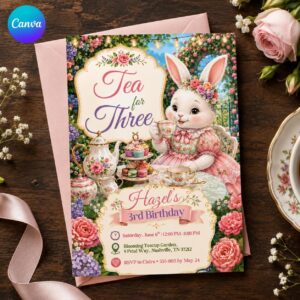 Tea for Three 3rd Birthday Invitation, Bunny Tea Party Garden Floral Invite for Girls, Editable Printable Canva Template