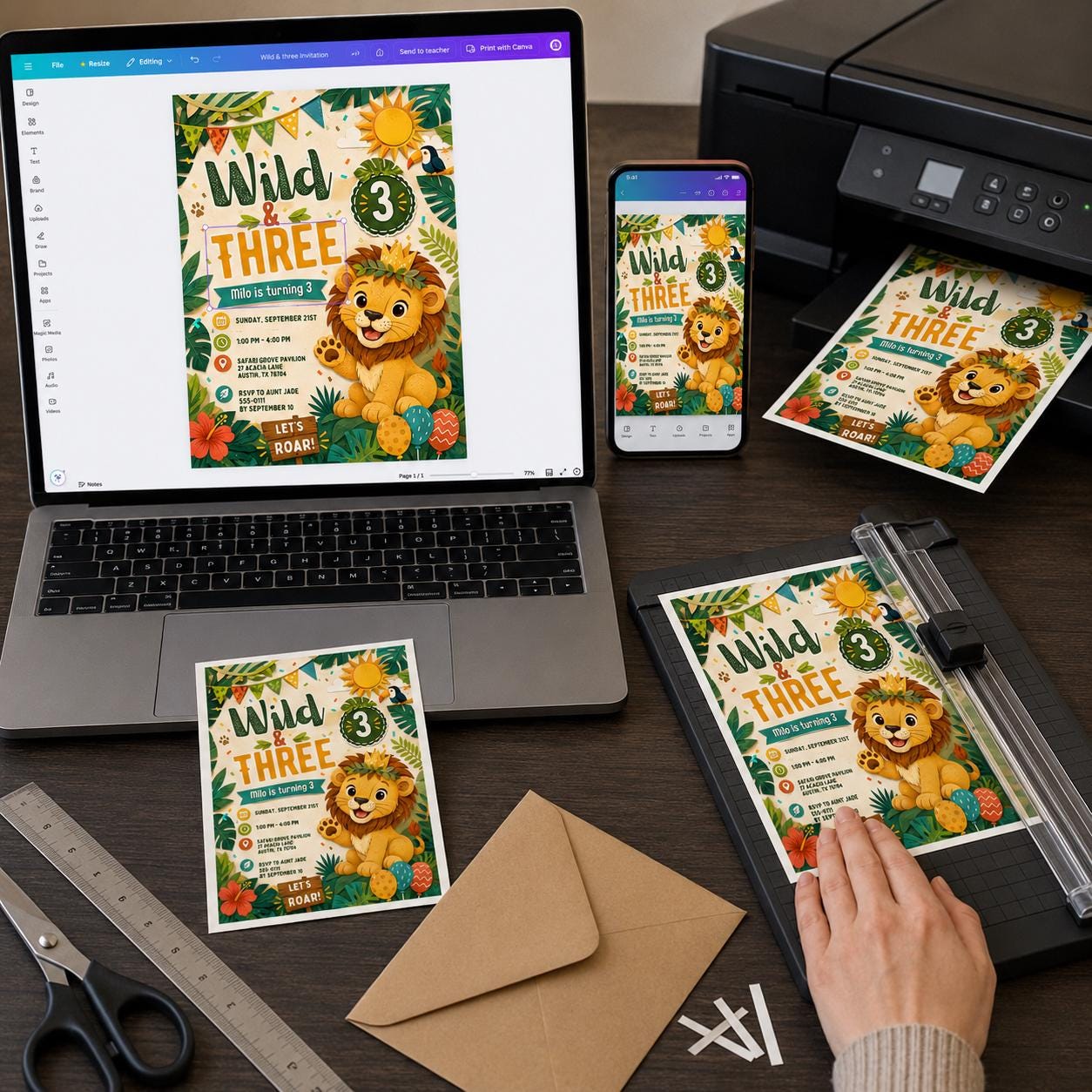 Wild and Three 3rd Birthday Invitation, Lion Safari Jungle Party for Boys, Editable Printable Canva Template - Image 3