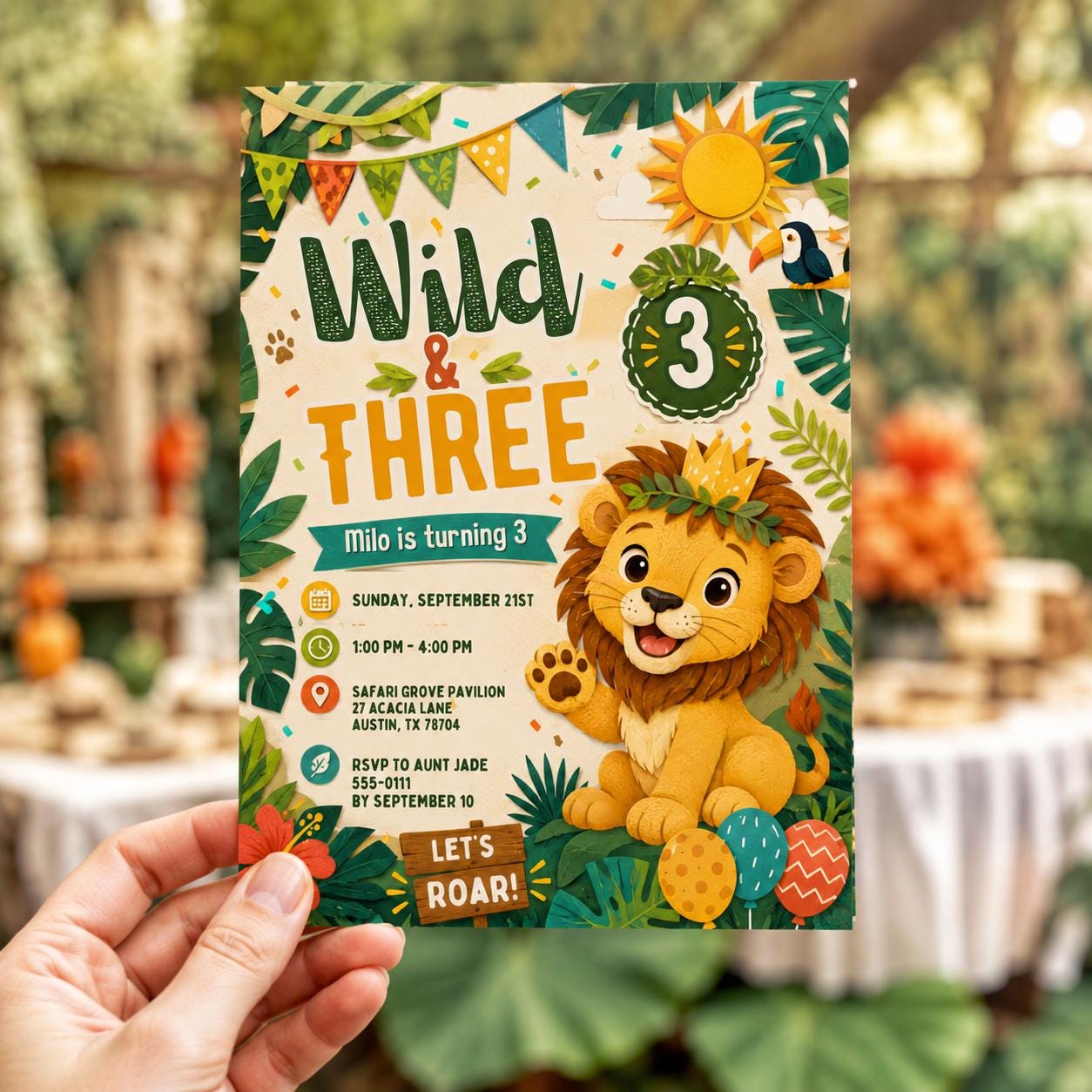 Wild and Three 3rd Birthday Invitation, Lion Safari Jungle Party for Boys, Editable Printable Canva Template - Image 6