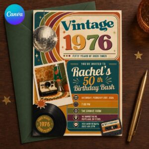 Vintage 1976 50th Birthday Invitation, Retro Disco Record and Cassette Party for Him, Editable Printable Canva Template