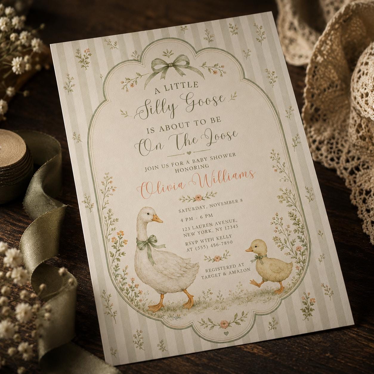 Silly Goose Baby Shower Invitation, Vintage Sage Green Duckling Gender Neutral Party, Editable Printable Canva Template - Image 3