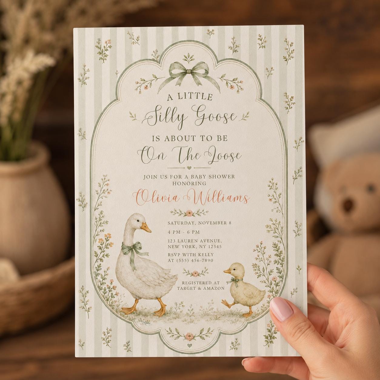 Silly Goose Baby Shower Invitation, Vintage Sage Green Duckling Gender Neutral Party, Editable Printable Canva Template - Image 4