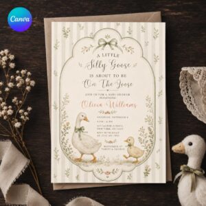 Silly Goose Baby Shower Invitation, Vintage Sage Green Duckling Gender Neutral Party, Editable Printable Canva Template