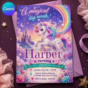 Unicorn Birthday Invitation Girl, Rainbow Magical 6th Birthday Party, Fantasy Castle Editable Printable Canva Template