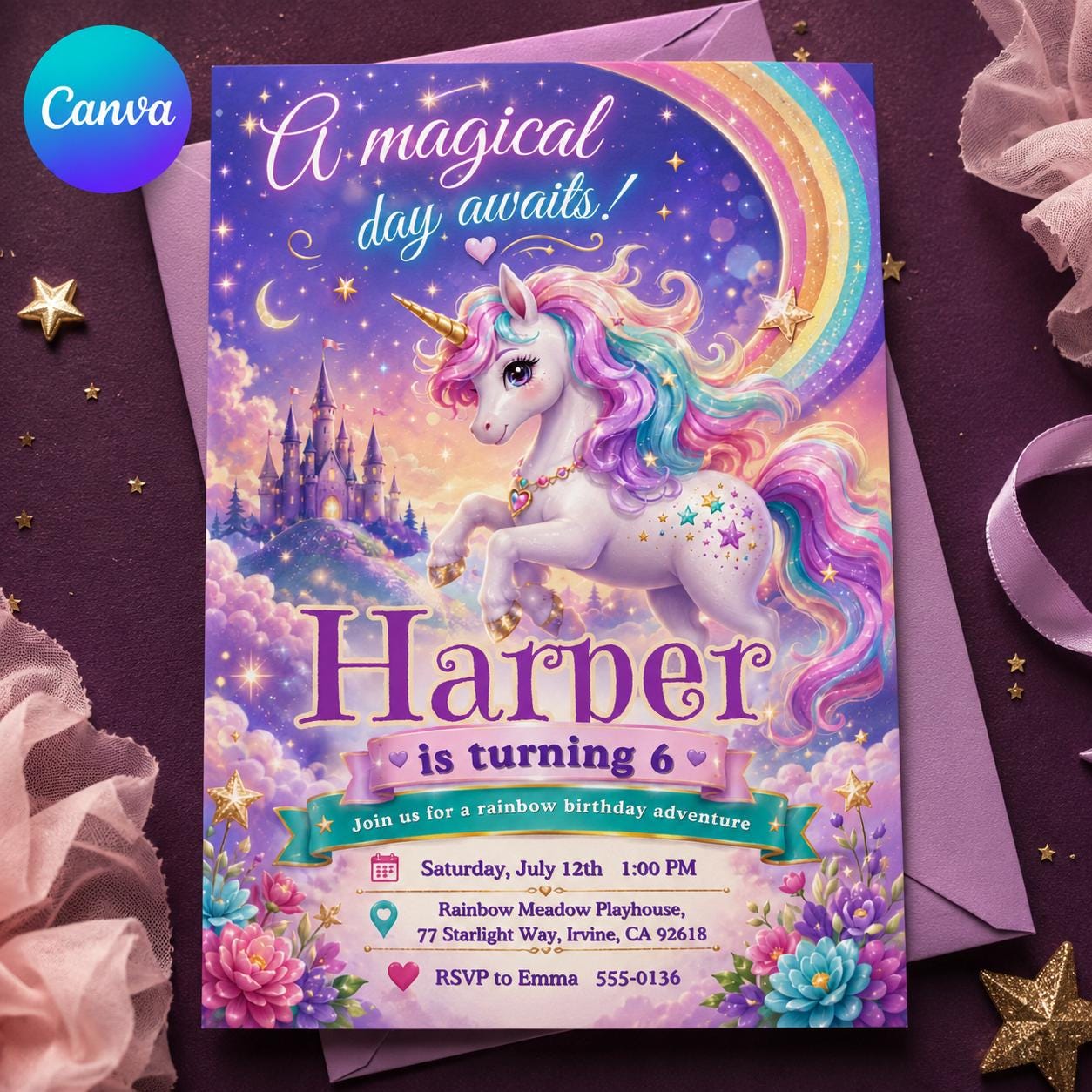 Unicorn Birthday Invitation Girl, Rainbow Magical 6th Birthday Party, Fantasy Castle Editable Printable Canva Template