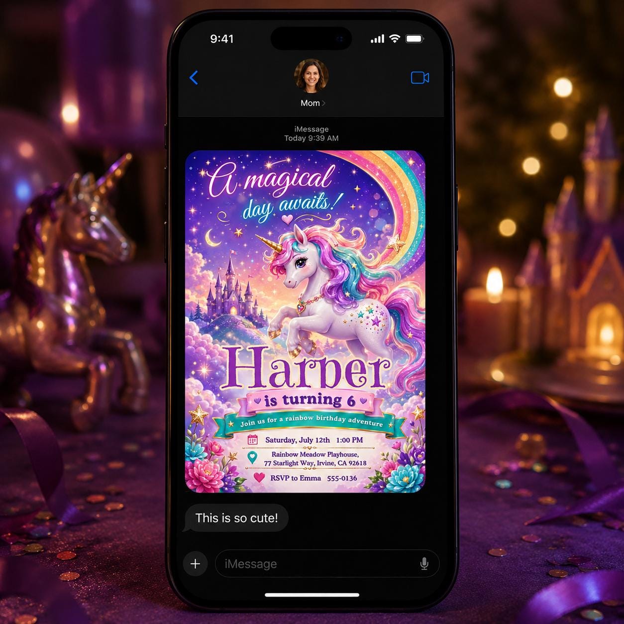 Unicorn Birthday Invitation Girl, Rainbow Magical 6th Birthday Party, Fantasy Castle Editable Printable Canva Template - Image 4