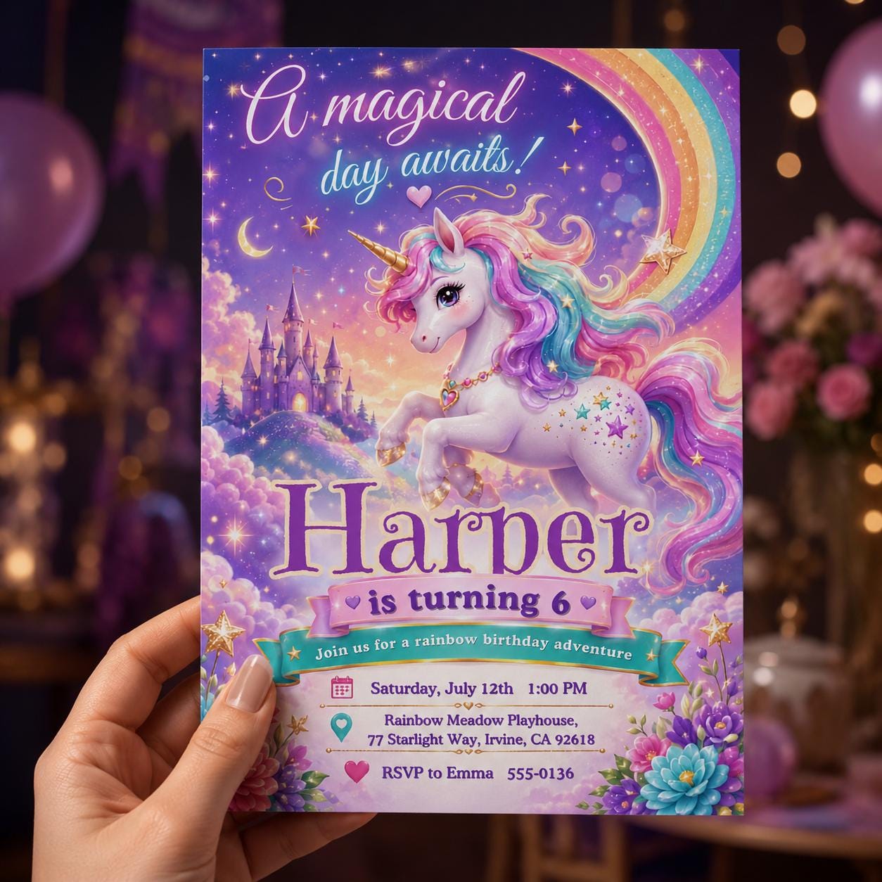 Unicorn Birthday Invitation Girl, Rainbow Magical 6th Birthday Party, Fantasy Castle Editable Printable Canva Template - Image 5