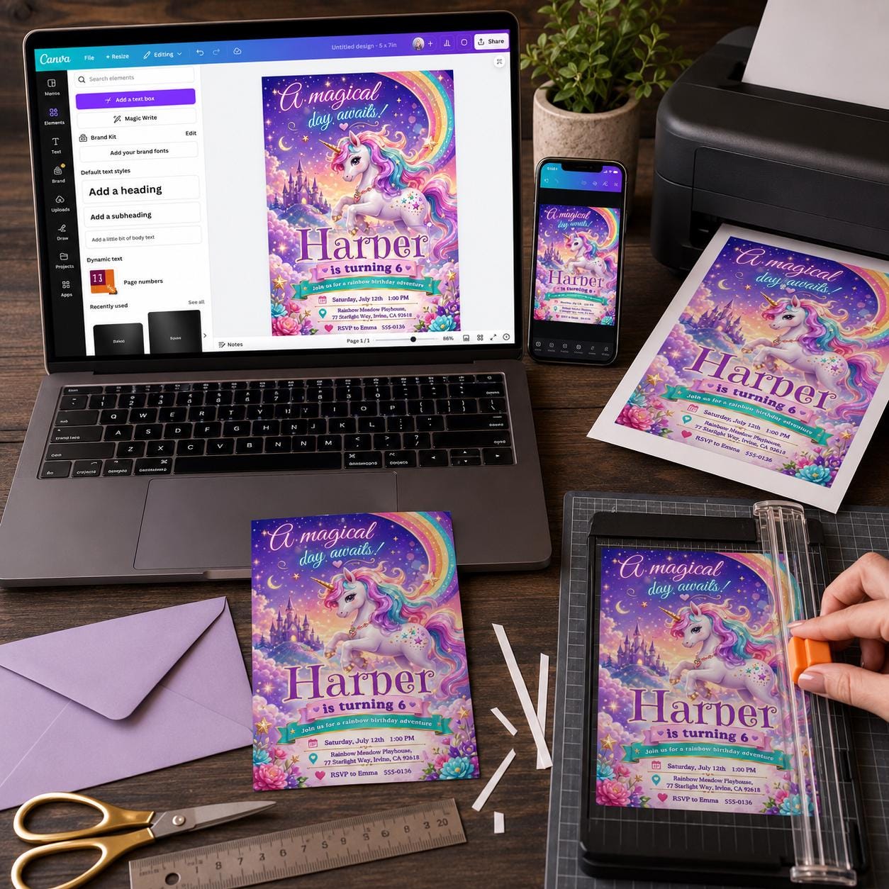 Unicorn Birthday Invitation Girl, Rainbow Magical 6th Birthday Party, Fantasy Castle Editable Printable Canva Template - Image 6