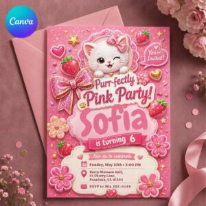 Cat Birthday Invitation Girl, Purr-fect Pink Kitty 6th Birthday Party, Glitter Strawberry Editable Printable Canva Template