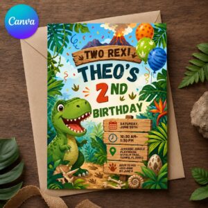 Dinosaur 2nd Birthday Invitation, Two Rex Jungle Party Invite, T-Rex Toddler Celebration, Editable Printable Canva Template