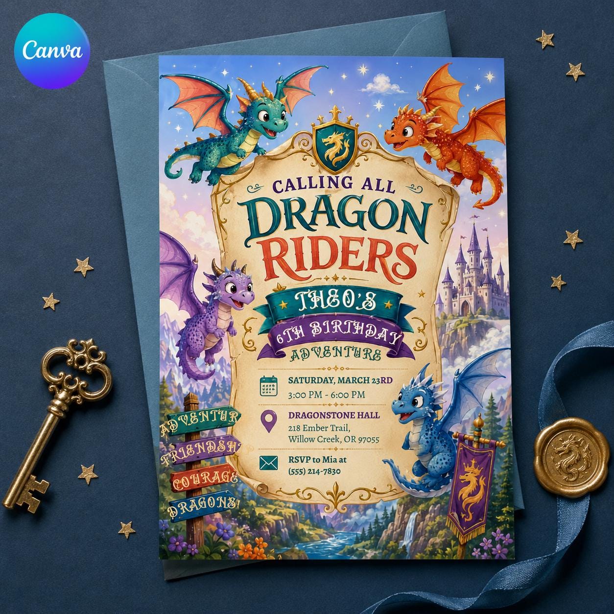 Dragon 6th Birthday Invitation, Calling All Dragon Riders Fantasy Castle Party, Editable Printable Canva Template