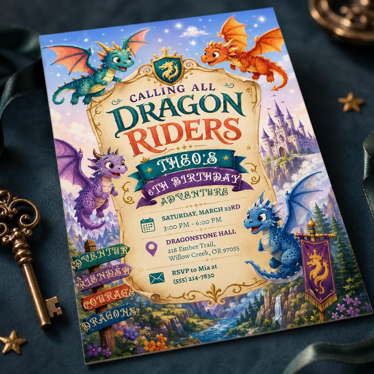 Dragon 6th Birthday Invitation, Calling All Dragon Riders Fantasy Castle Party, Editable Printable Canva Template - Image 6