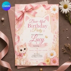 Cat 5th Birthday Invitation, Bow-tiful Pink Kitten Floral Party for Girls, Editable Printable Canva Template