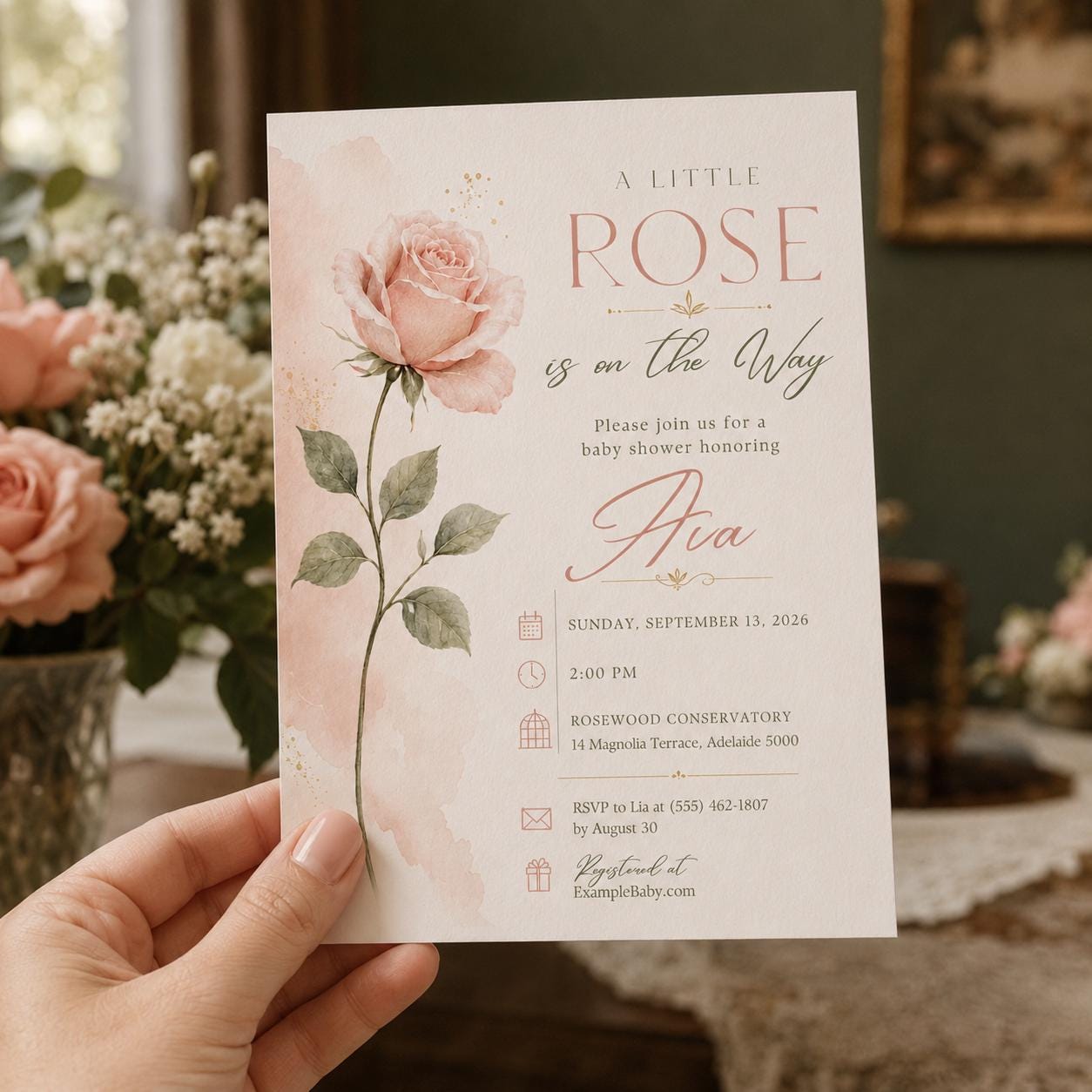 Rose Baby Shower Invitation, A Little Rose Blush Floral Girl Shower, Elegant Editable Printable Canva Template - Image 3