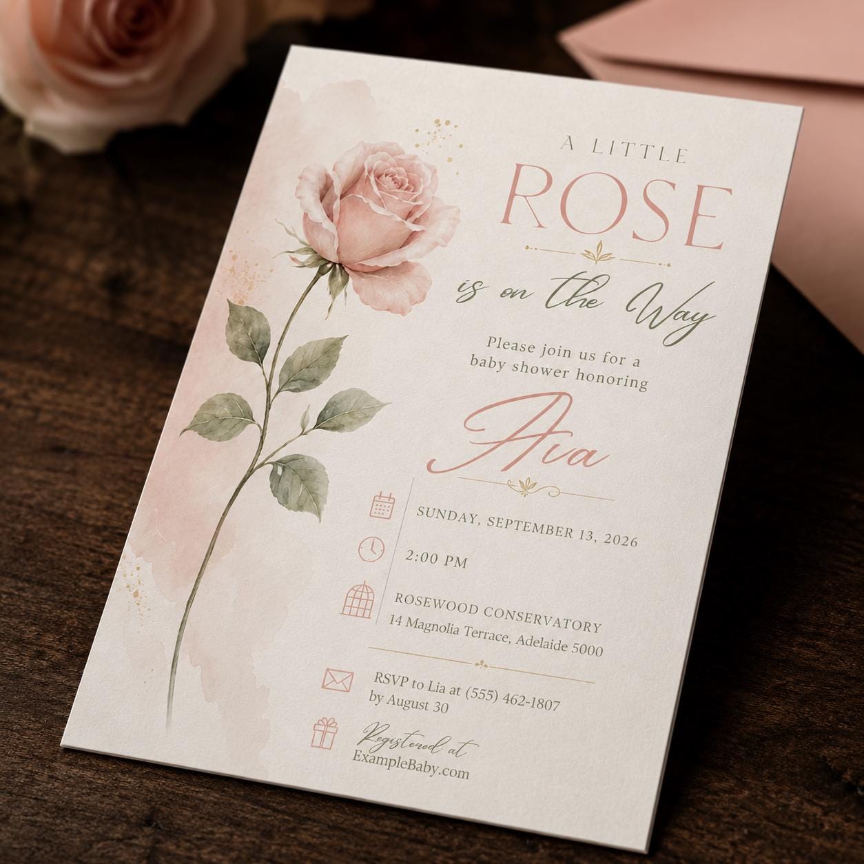 Rose Baby Shower Invitation, A Little Rose Blush Floral Girl Shower, Elegant Editable Printable Canva Template - Image 5