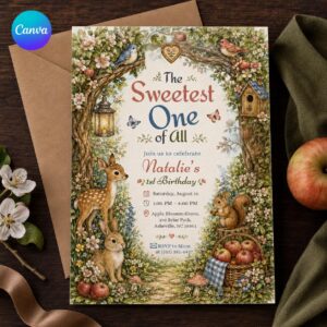 Woodland First Birthday Invitation, Sweetest One of All Forest Animal Party for Girls, Editable Printable Canva Template
