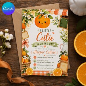 Little Cutie Baby Shower Invitation, Orange Citrus Clementine Theme, Gender Neutral Editable Printable Canva Template