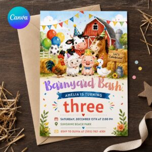 Farm Animals 3rd Birthday Invitation, Barnyard Bash Party for Boys or Girls, Editable Printable Canva Template