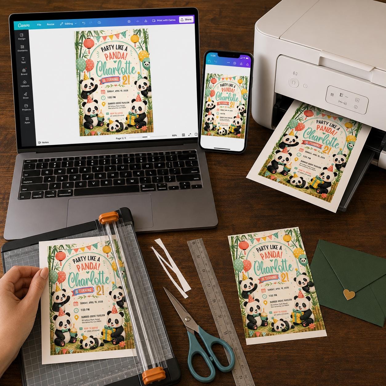 Panda 2nd Birthday Invitation, Party Like a Panda Bear Kids Party, Editable Printable Canva Template - Image 3