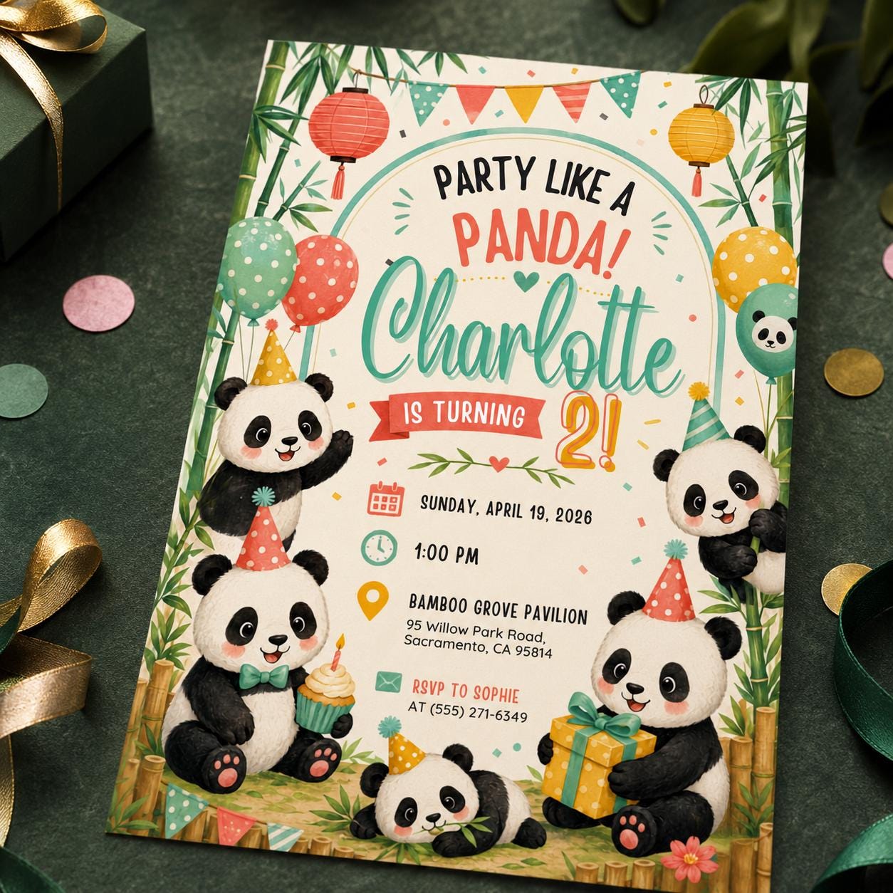 Panda 2nd Birthday Invitation, Party Like a Panda Bear Kids Party, Editable Printable Canva Template - Image 4