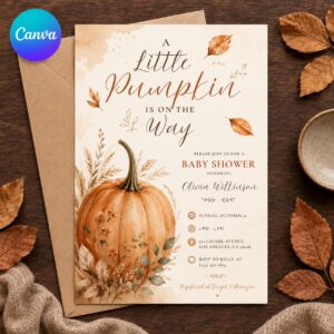 Little Pumpkin Baby Shower Invitation, Fall Autumn Watercolor Pumpkin Invite, Gender Neutral Editable Printable Canva Template