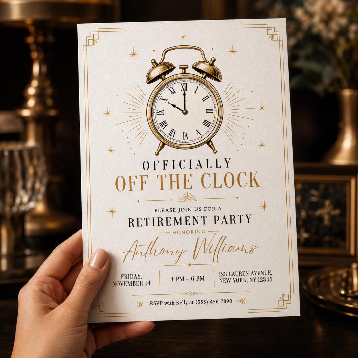 Retirement Party Invitation, Officially Off the Clock Gold Vintage Alarm Clock, Elegant Editable Printable Canva Template - Image 5