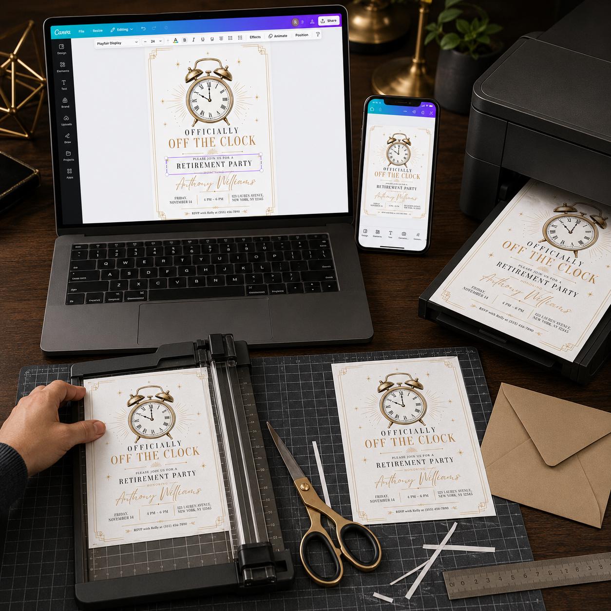 Retirement Party Invitation, Officially Off the Clock Gold Vintage Alarm Clock, Elegant Editable Printable Canva Template - Image 6