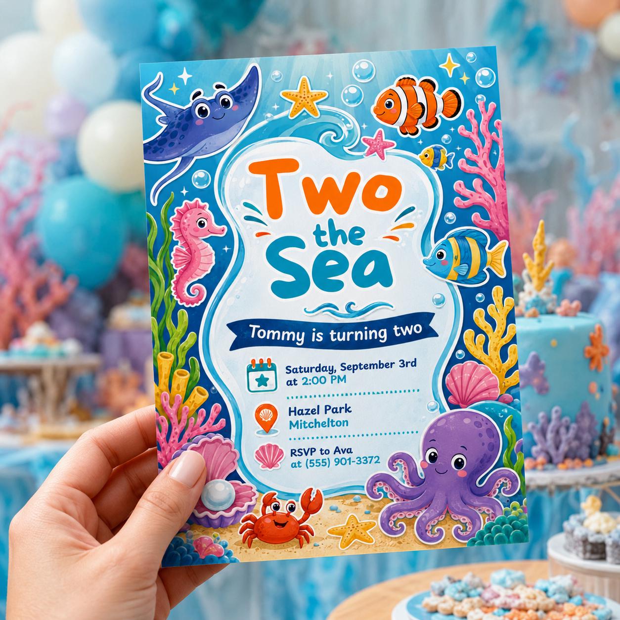Two the Sea 2nd Birthday Invitation, Under the Sea Ocean Animals Party, Editable Printable Canva Template - Image 4