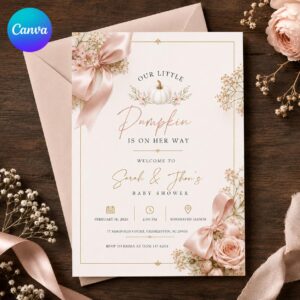 Little Pumpkin Baby Shower Welcome Sign, Blush Bow Fall Floral Poster, Editable Printable Canva Template