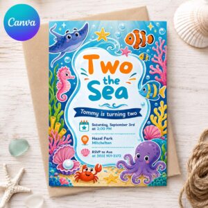 Two the Sea 2nd Birthday Invitation, Under the Sea Ocean Animals Party, Editable Printable Canva Template
