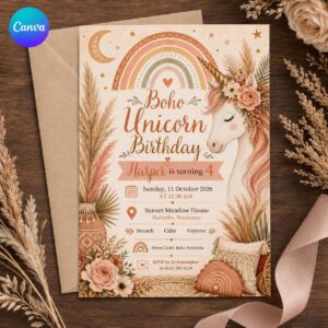 Boho Unicorn 4th Birthday Invitation, Neutral Rainbow Floral Party for Girls, Editable Printable Canva Template
