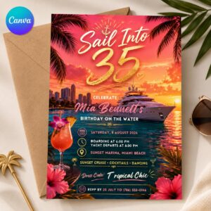35th Birthday Yacht Party Invitation, Sail Into 35 Tropical Sunset Cruise for Her, Editable Printable Canva Template