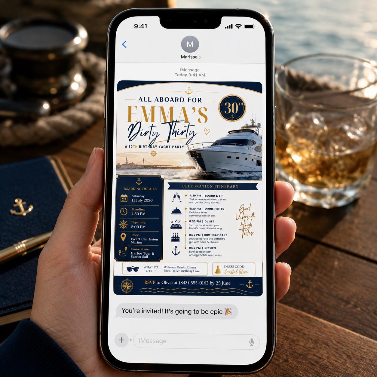Dirty Thirty Yacht Party Invitation, Navy Gold 30th Birthday Cruise Itinerary for Her, Editable Printable Canva Template - Image 6