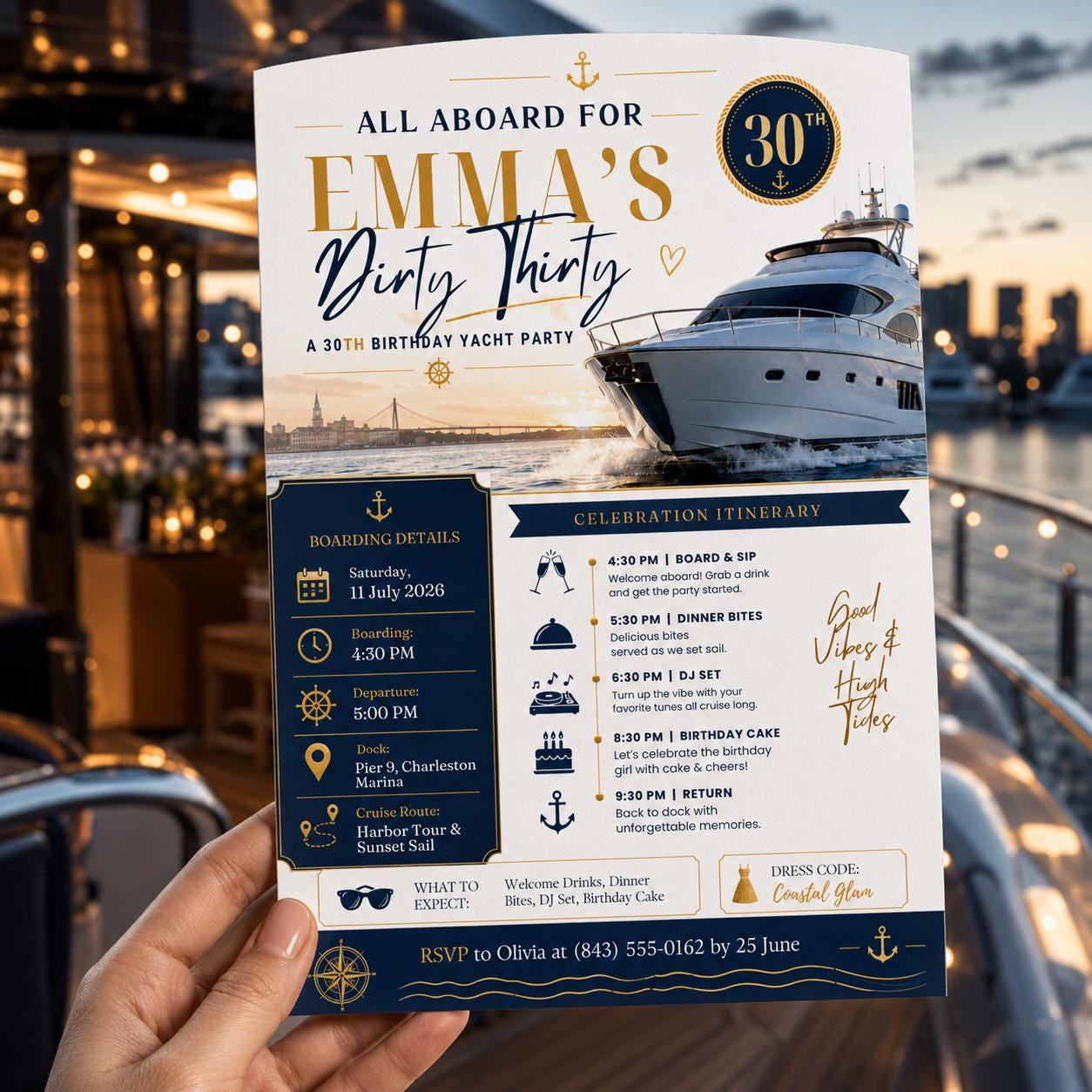 Dirty Thirty Yacht Party Invitation, Navy Gold 30th Birthday Cruise Itinerary for Her, Editable Printable Canva Template - Image 4