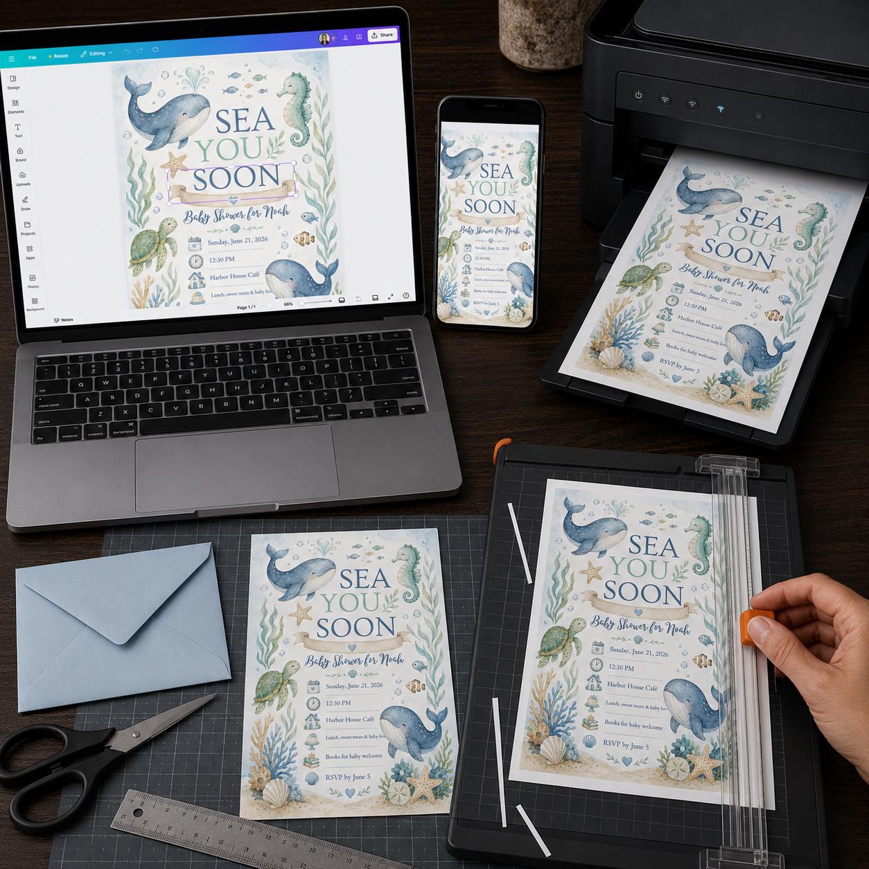 Sea You Soon Baby Shower Invitation, Watercolor Whale Ocean Animals Boy Party, Editable Printable Canva Template - Image 5