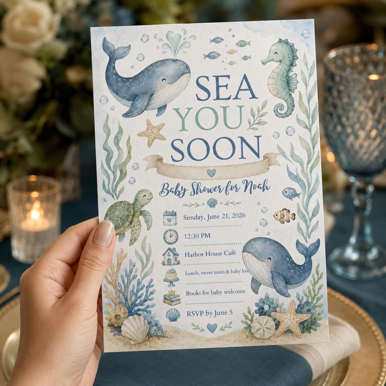 Sea You Soon Baby Shower Invitation, Watercolor Whale Ocean Animals Boy Party, Editable Printable Canva Template - Image 4