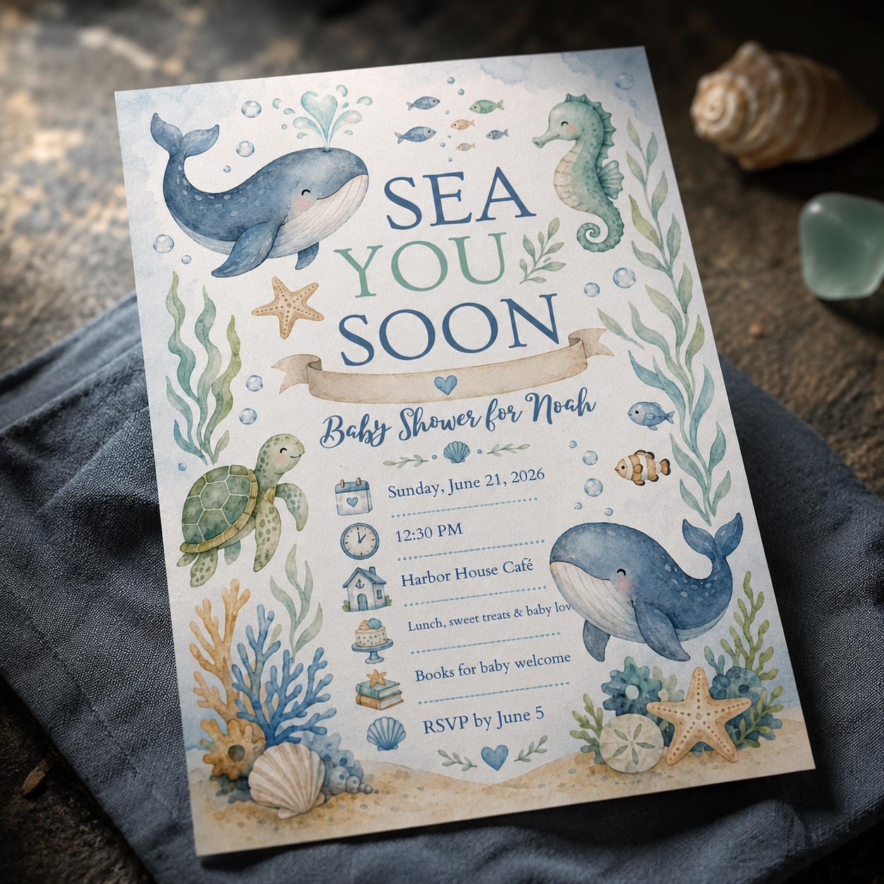 Sea You Soon Baby Shower Invitation, Watercolor Whale Ocean Animals Boy Party, Editable Printable Canva Template - Image 6