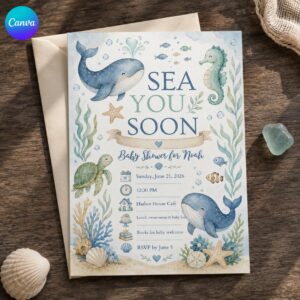 Sea You Soon Baby Shower Invitation, Watercolor Whale Ocean Animals Boy Party, Editable Printable Canva Template