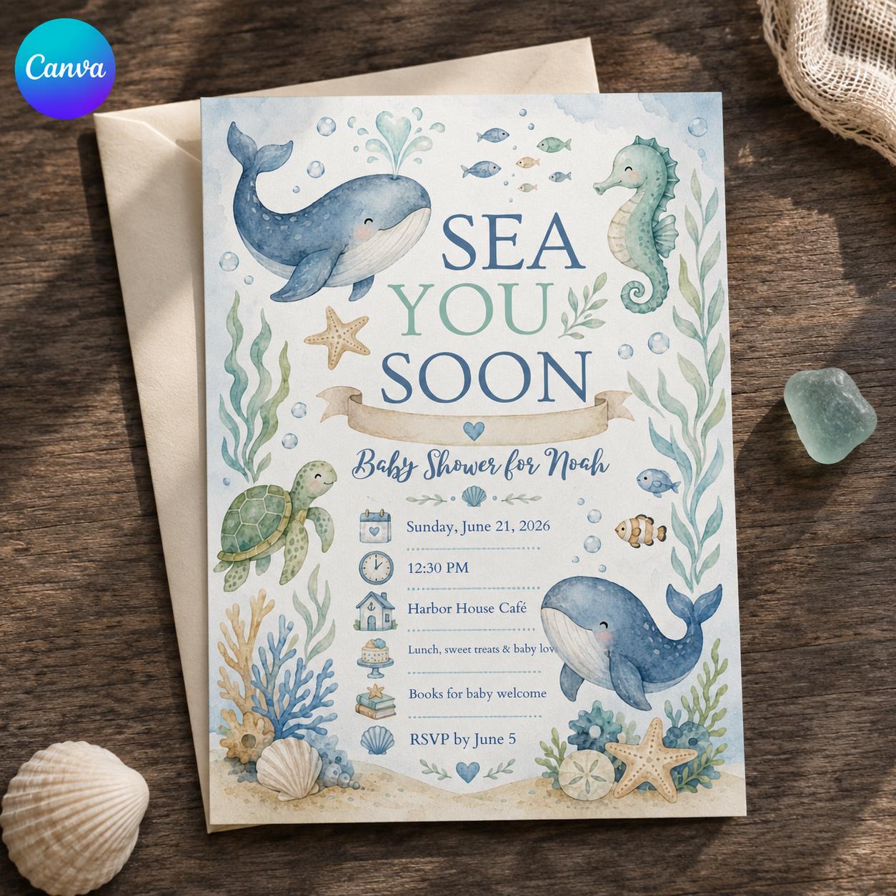Sea You Soon Baby Shower Invitation, Watercolor Whale Ocean Animals Boy Party, Editable Printable Canva Template